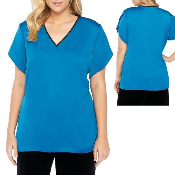 The Limited Women's Mykonos Blue Plus Size Tulip Sleeve Beaded Top - Size 2X NWT - Picture 1 of 6